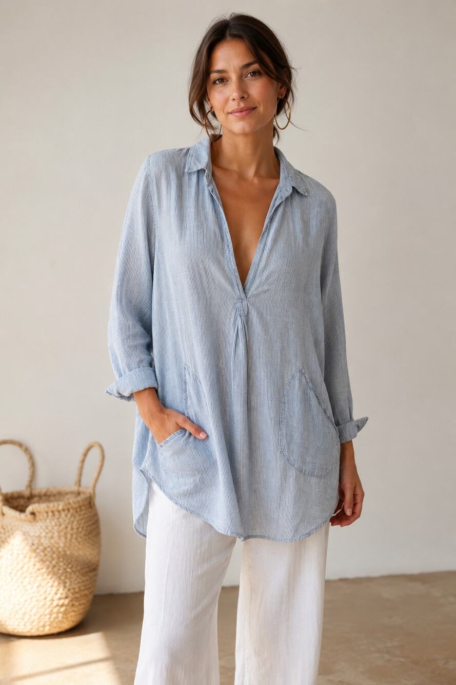 CP Shades Cotton Tunic Shirt Blue White Stripe Long Sleeve Oversized Pocket (S)
